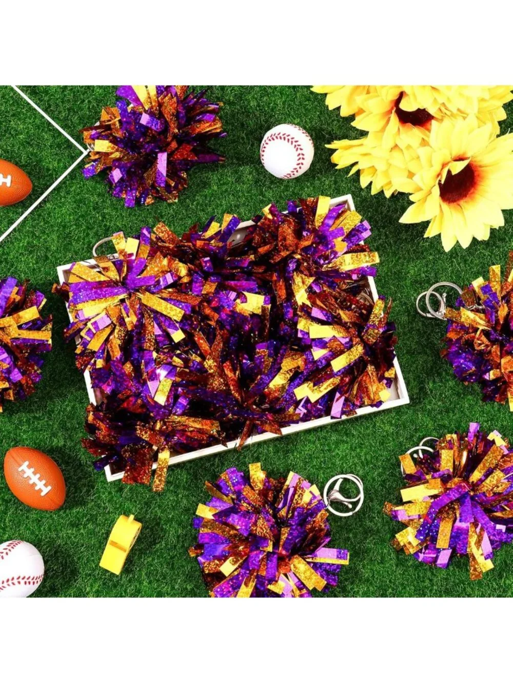 Cheerleader Pom Pom Keychain Set - 24 Colorful Foil Keyrings for Cheer Gifts